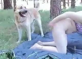 Chubby lady pleasing her dog