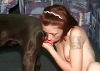 Redhead stimulates her doggy
