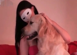 Pup licking masked girl