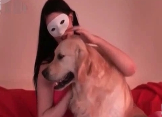 Pup licking masked girl