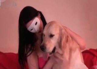 Pup licking masked girl
