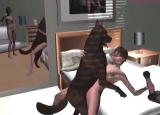 Two 3D sluts and their playful dog
