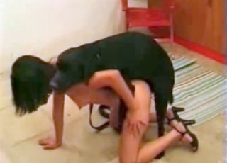 Black pup and a skinny lady